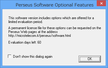 Perseus Software Optional Features. Evaluation days left: 60 OK