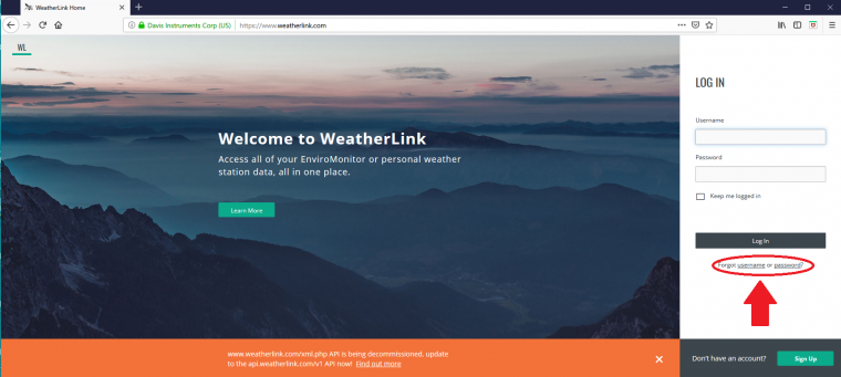 WeatherLink.comログイン画面